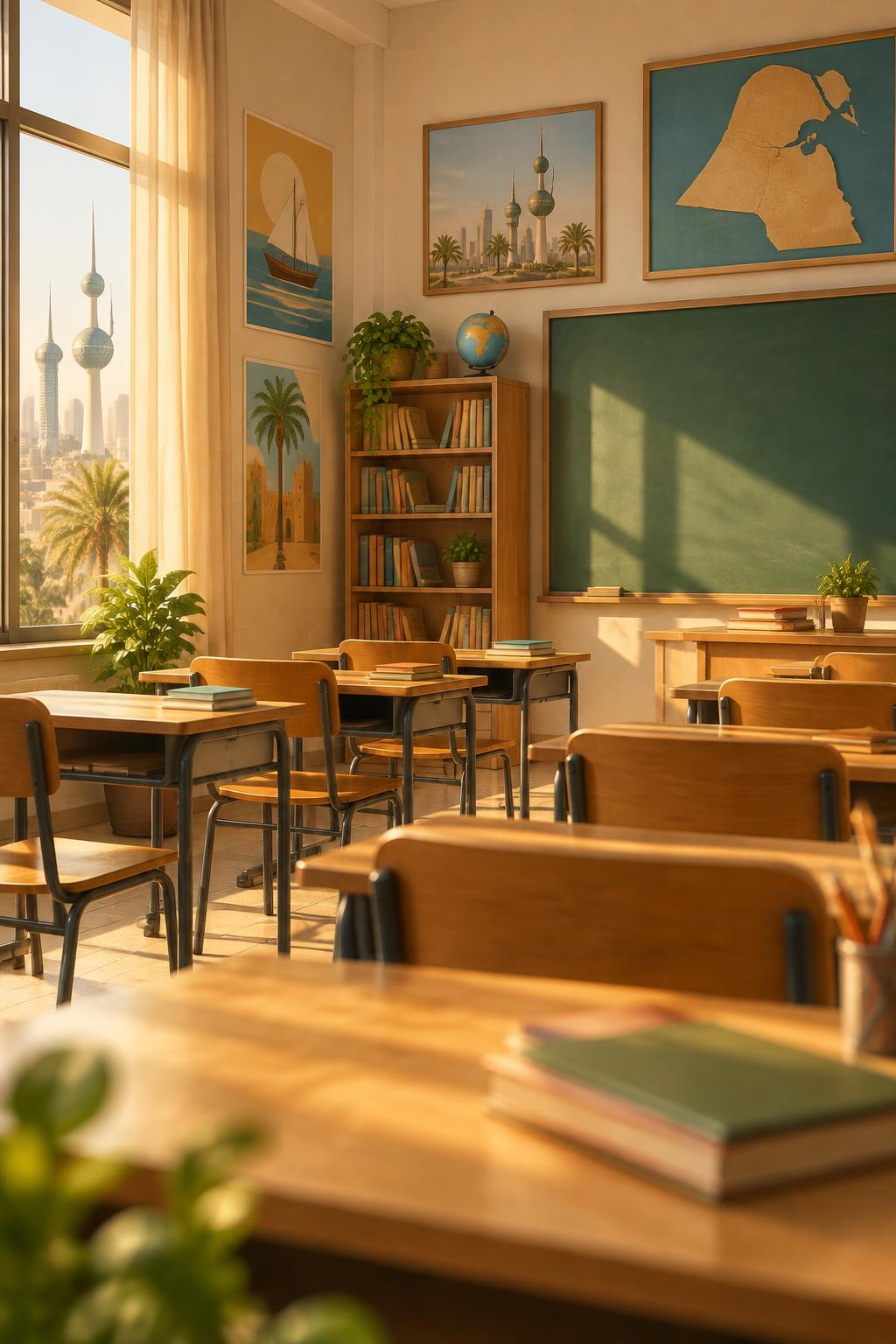 A bright, sunlit classroom in Kuwait